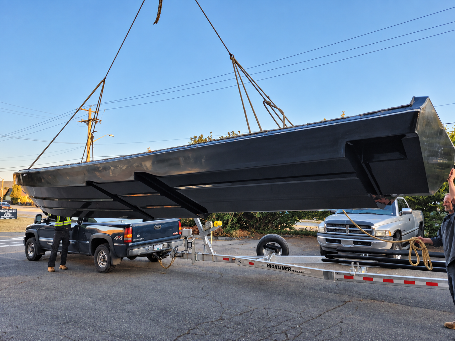 Finished marine composite hull component on transport